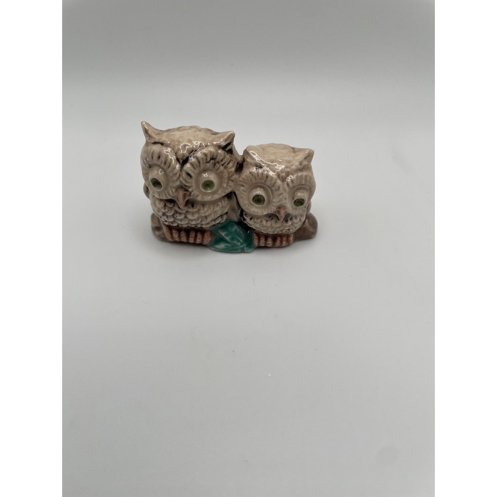 Vintage Hand Painted Ceramic Glazed Owls Mama & Baby Figurine Birds On Branch
